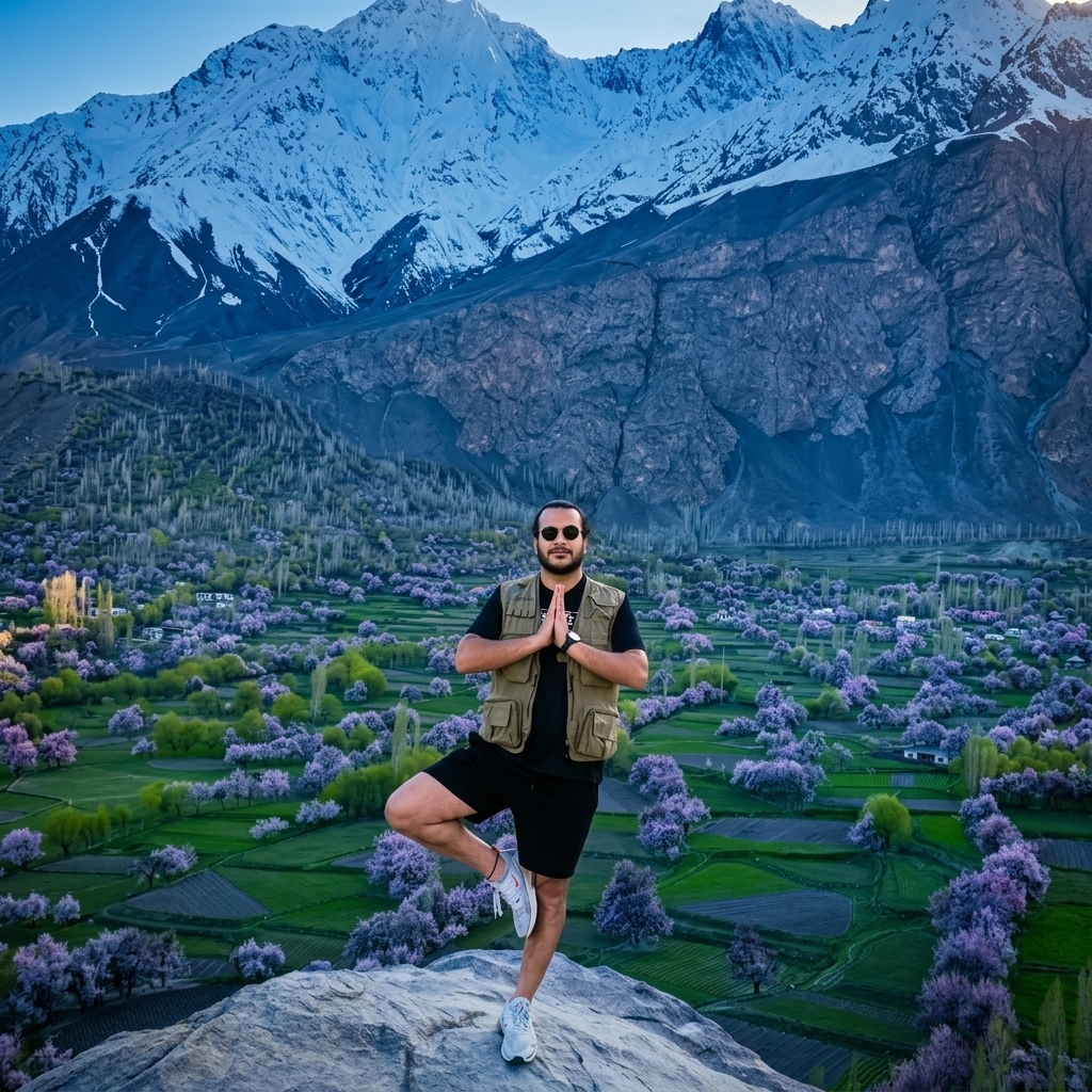 Hannan Balti — Client standing in tree pose in front of blossom trees and snowy peaks, Hunza Valley
